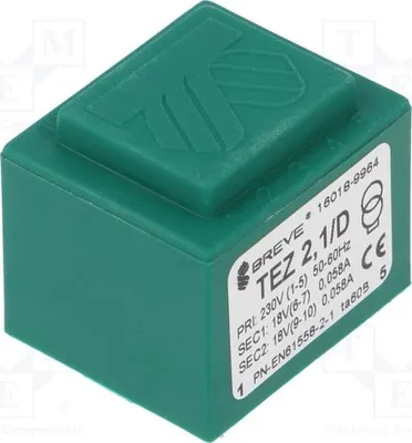 Obrázok produktu pre 1x Transformátor: 18 V, 230 V AC, 58 mA, 58 mA, 2,1 VA, 18 V, stupeň ochrany IP00, typ TEZ2.1/D230/18-18