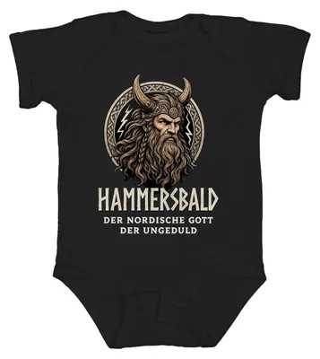 Immagine prodotto di Hammersbald. Il dio nordico dell'impazienza. Body per neonato a tema vichingo, con l'immagine di Thor, colore nero, taglia 3/6 mesi