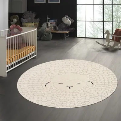 Produktbild von Kinderzimmer Spielzimmer Teppich mit Schaf Abbild Allergiker-geeignet | Creme Größe - 120 cm Rund