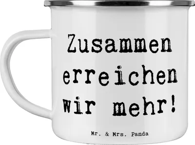 Produktbild von Mr. & Mrs. Panda Pott Spruch Im Team zusammenarbeiten - Weiß - Geschenk, Synergie, Teetasse, Vertrauem, Zuversicht, Blechtasse, Teamarbeit, Unterstützung, Emaille Becher