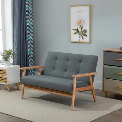 Produktbild von SUGIFT Sofa 2 Sitzer, 115 cm Couch mit Armlehnen, Rückenlehne, Kleine Polstersofa mit Leinenoptik, Holzbeine, Gepolstert Loungesofa für Wohnzimmer