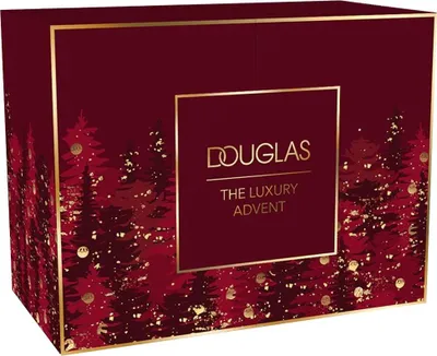 A burgundy advent calendar box with a gold border and a festive forest design.