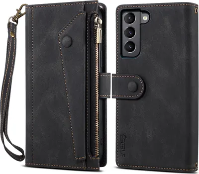 Produktbild von Schutzhülle für Samsung Galaxy S22 5G Reißverschluss Hülle, Leder Klapphülle Kartenfach Standfunktion Brieftasche mit Trageband Schwarz