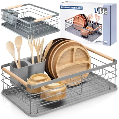 A collage of a dish drying rack with dishes, bowls, and cutlery, along with a product box.