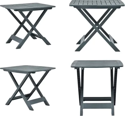 Four different views of a green folding garden table.