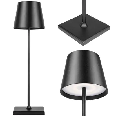 A collage of a black table lamp from different angles.