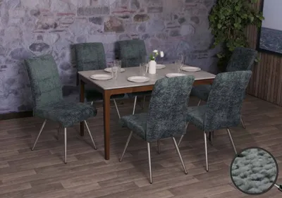 Productafbeelding van Set van 6 eetkamerstoelen HWC-G55, keukenstoel met rugleuning, roestvrij staal geborsteld, stof/textiel chenille,  gecertificeerd, blauw-groen