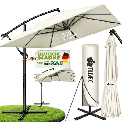 Obrázek produktu pro tillvex® Hliníkový slunečník Obdélníkový Ø 330 cm Béžový + kryt s kličkou | Čtvercový konzolový slunečník se stojanem a větrnou clonou | Zahradní slunečník Hliník s UV ochranou | Slunečník s kličkou Voděodolný otočný o 360°, Obrázek vytvořený pomocí AI