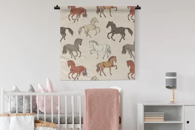 Produktbild von MuchoWow® Wandteppich Wandbehang Pferde - Rosa - Muster - Mädchen - Kinder - Mädchen 90x90 cm Tapisserie Dekoration Wandtuch - Wandaufhänger