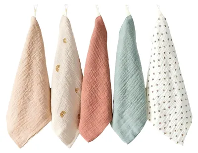 Produktbild von Set mit 5 Baby Musselin Waschlappen, 23x23 cm, für Neugeborene, aus weicher Baumwolle, für Gesicht und Bad