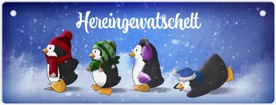 Produktbild von Hereingewatschelt Metallschild mit vier niedlichen Pinguinen