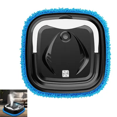 A top-down view of a black and white robot vacuum cleaner with a blue microfiber cleaning pad attached.