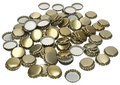 Zdjęcie produktu dla Zestaw 50 sztuk kapsli do butelek, złote, wewnętrzna średnica 26 mm, metalowe