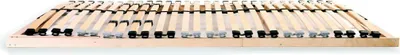 A wooden bed slatted base with black plastic holders for the slats.
