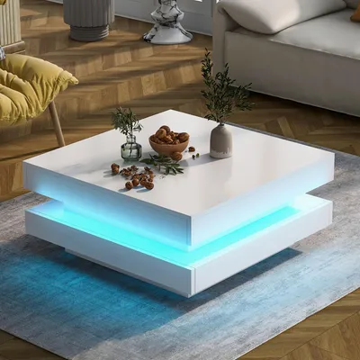 Productafbeelding van Salontafel, 70x70x36 cm, 100% spaanplaat, wit, vierkant, met een 360° draaibare tafelblad en LED-verlichting die via een app te bedienen is