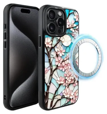 Zdjęcie produktu dla Etui do iPhone 15 Pro, kompatybilne z MagSafe, czarne matowe boki, witraż, kwiat wiśni