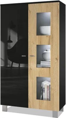 Produktbild von Vladon Vitrine Denjo,  Germany, Standvitrine mit 2 Türen und 3 Glaseinsätzen, Schwarz matt/ Schwarz Hochglanz/ Eiche Natur, inkl. LED-Beleuchtung (71 x 129 x 35 cm)