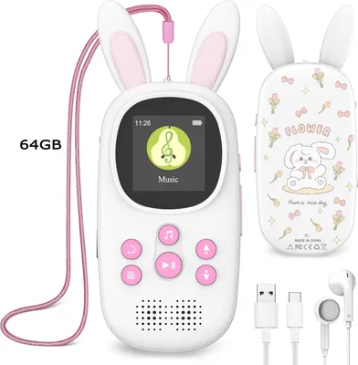 Image de Lecteur MP3 64 Go pour enfants Bluetooth 5.0 avec écouteurs Haut-parleur Prise en charge de la radio FM, réveil, enregistrement par simple pression sur un bouton, fonction chronomètre