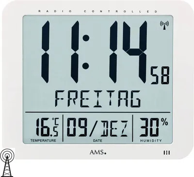 Produktbild von AMS 5886 Wanduhr Tischuhr Funk Funkwanduhr digital weiß Datum Thermometer Wecker