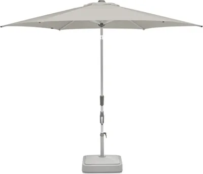 A light gray patio umbrella with a square base is shown against a white background.