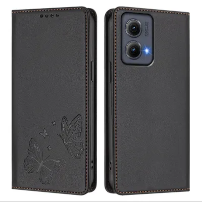 Obrázek produktu pro Kožené pouzdro pro Motorola Edge 2024, motýlí ražbou, peněženkové flip pouzdro se stojánkem Černá