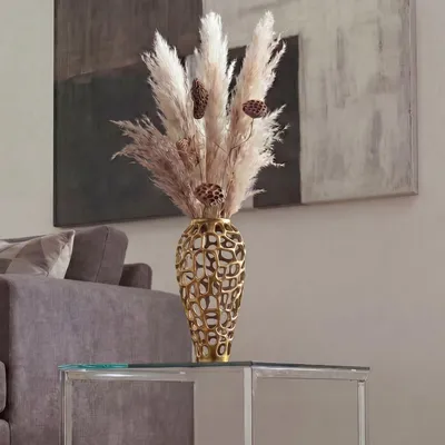 Produktbild von WOHNLING Dekovase Aluminium 45cm Gold Design Blumenvase Groß Metallvase Modern Bodenvase rund für Trockenblumen Standvase Hoch Wohndeko Handmade