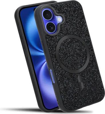 Immagine prodotto di Cadorabo custodia per Apple iPhone 16 PLUS custodia glitter compatibile con MagSafe in NERO custodia magnetica per cellulare Sparkle Diamond per Apple iPhone 16 PLUS custodia protettiva in cristallo antiurto con forza magnetica