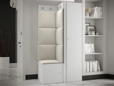 Produktbild von MIRJAN24 Garderoben-Set Orion Ryfel Slim XXV, Kleiderschrank, Schuhschrank, Kleiderhakenbrett, 7x Paneel 42x42, 6 Kleiderhaken für Kleidung, Metallgriffe (Farbe: Weiß, Manila 02)