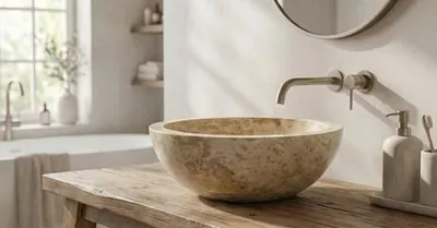 Produktbild von Travertin Waschbecken rund Ø 40 cm – Beige Naturstein Aufsatzbecken
