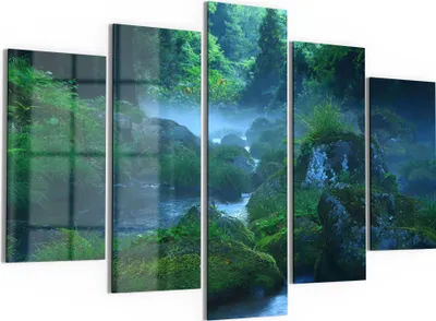 Produktbild von DEQORI Glasbilder 5-tlg 150x100 cm 'Wasserquelle im Wald' Wandbilder XXL groß