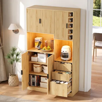 Produktbild von STILVORA Weinschrank mit Weinregal und LED-Beleuchtung, Küchenschrank mit 3 Schubladen und verstellbaren Einlegeböden, Aufbewahrungsschrank mit Steckdosen