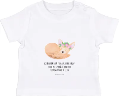 Produktbild von Mr. & Mrs. Panda Organic Baby Shirt Wüstenfuchs Blumen 12. - 18. Monat - Weiß - Geschenk, Wüste, , T-Shirt, Jerseyshirt, Blumenkranz, Baumwollshirt, Glücklich, Afrika