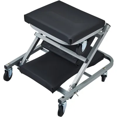 Produktbild von KFZ Werkstatt Rollbrett 2-in-1 - Montageliege & Werkstatthocker - 915 x 415 x 128 mm Montagerollbrett - Sitz aus Stahl & Vinyl - 360° Lenkrollen - Klappsitz bis 136 kg belastbar - Rollliege