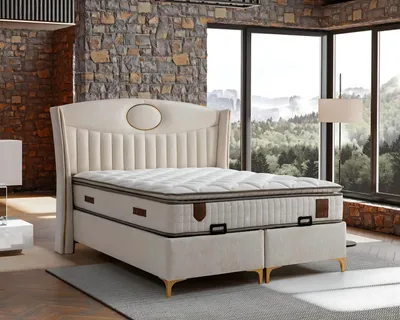 Image de Lit élégant avec matelas beige en textile et bois