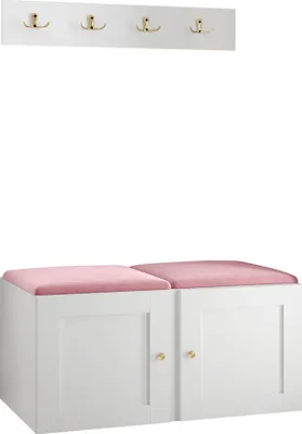 Produktbild von MIRJAN24 Garderoben-Set Orion Ramiro VI, Schuhschrank, Kleiderhakenbrett, 2x Sitzpaneel 42x42, Metallgriffe, 4 Kleiderhaken (Farbe: Weiß, Manila 09)