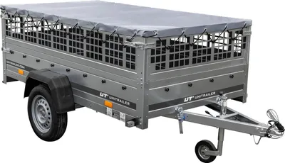 Zdjęcie produktu dla Przyczepka lekka na resorach 230x125 UNITRAILER GARDEN 230/R KIPP z burtami siatkowymi, stelażem H-0 i pokrowcem szarym
