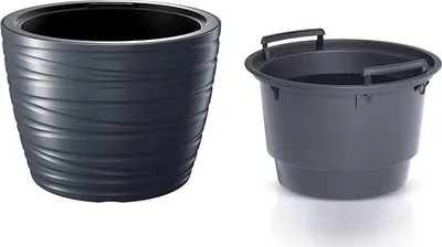 Two dark gray plastic containers are shown against a white background. The container on the left is a planter with a textured, wavy design. The container on the right is a bucket with two handles, appearing to be filled with water.