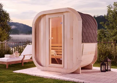 Produktbild von FinnTherm Fasssauna ScandiCube Mini XXS, Moderne Outdoor Sauna inkl. Dacheindeckung und Fußboden, Ø 214 x 130 cm, 4,5 m³ Volumen, Gartensauna mit 42 mm Wandstärke, Außensauna aus nordischer Fichte