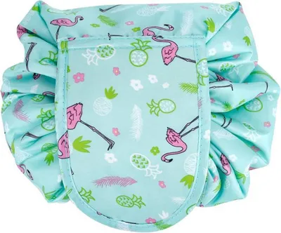 Produktbild von Intirilife Kosmetiktasche in GRÜN ROSA FLAMINGO – Runder One Step Kulturbeutel mit Kordelzug zum Zusammenziehen mit 2 inneren Reißverschlussfächern ideal zum Reisen - Zur Aufbewahrung von Make-Up etc.