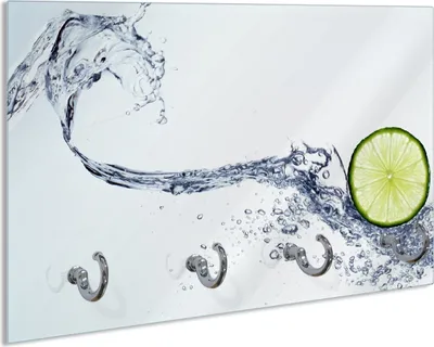 Produktbild von Wallario Schlüsselbrett aus Glas, Motiv: Limettenscheibe in spritzigem Wasser, 30 x 20 cm mit 4 Haken