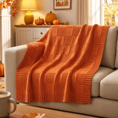 Produktbild von Gestrickte Decke Kuscheldecke - 135 x 150 cm - Acryl - Orange - Für Sofa und Bett
