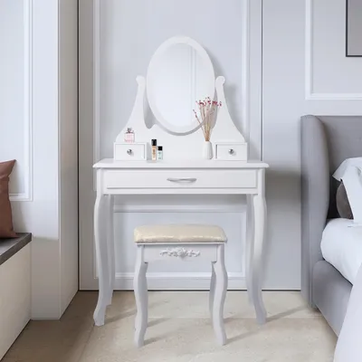 Obrázek produktu pro ML-Design toaletní stolek bílý, toaletní stolek se zrcadlem, stoličkou a 3 zásuvkami, 75x140x40 cm, venkovský styl, kosmetický stolek pro dámy a dívky