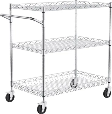 Immagine prodotto di Carrello multiuso da cucina, 3 ripiani, carrello con ruote in filo metallico con capacità di 661 libbre, carrello di servizio in acciaio su ruote, carrello metallico con cestello profondo 80 mm, maniglia curva, 6 ganci, per uso interno ed esterno