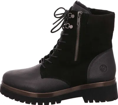 A side view of a black lace-up boot with a zipper.