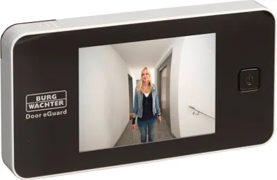 A digital door viewer with a screen showing a woman in a hallway.