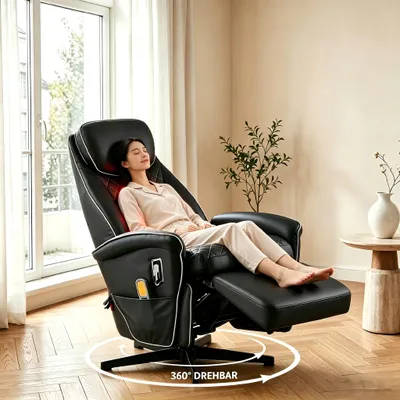 Produktbild von Massagesessel mit wärmefunktion,360° drehbar Relaxsessel mit Heiz‑ und Liegefunktion, verstellbar, Lederoptik, Schwarz