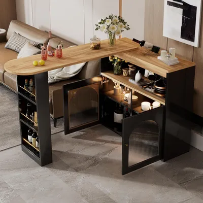 Obrázok produktu pre Výsuvný barový stolík s LED osvetlením, otočný o 360°, s úložným priestorom, čierny, 138-193x39x105 cm