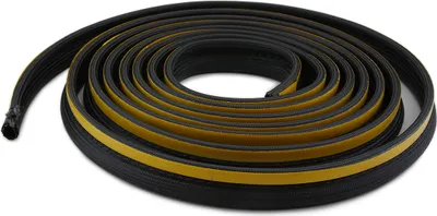 A coiled black rubber seal with yellow adhesive tape on one side, presented on a white background.