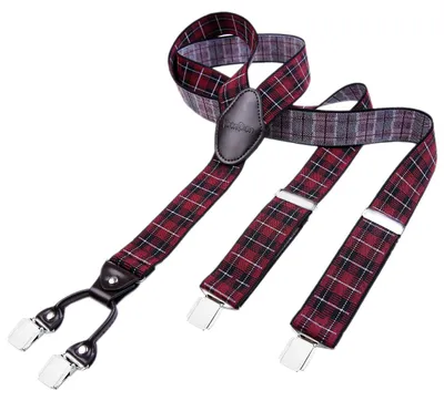 Produktbild von DonDon Herren Hosenträger 3,5 cm breit 4 Clips mit braunem Leder in Y-Form elastisch und längenverstellbar - dunkelrot schwarz kariert