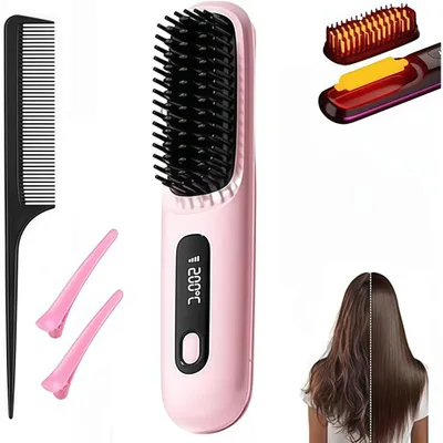 Produktbild von Haarbürste,Glätteisen,Kabelloser Haarglätter und Lockenkamm,Glättbürste mit negative Ionen, 3D Zähne, 3-Stufen Temperatur, Typ-C Laden,Rosa